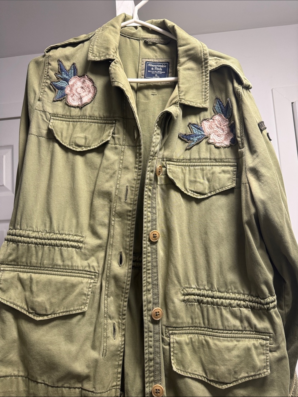 Abercrombie & Fitch Olive Green Utility Jacket with Floral Patches